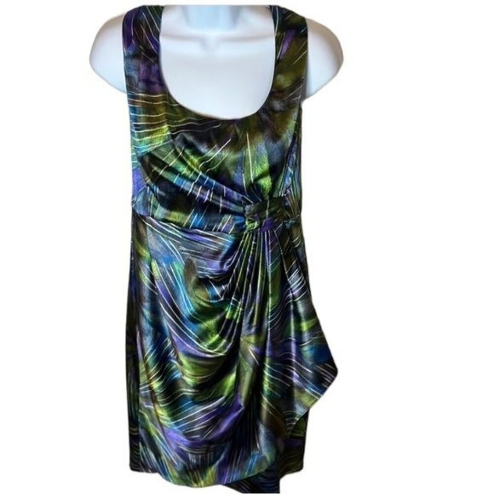 Maggie L size 10 beautiful dress “silky” feel twisted front look. Green/purple